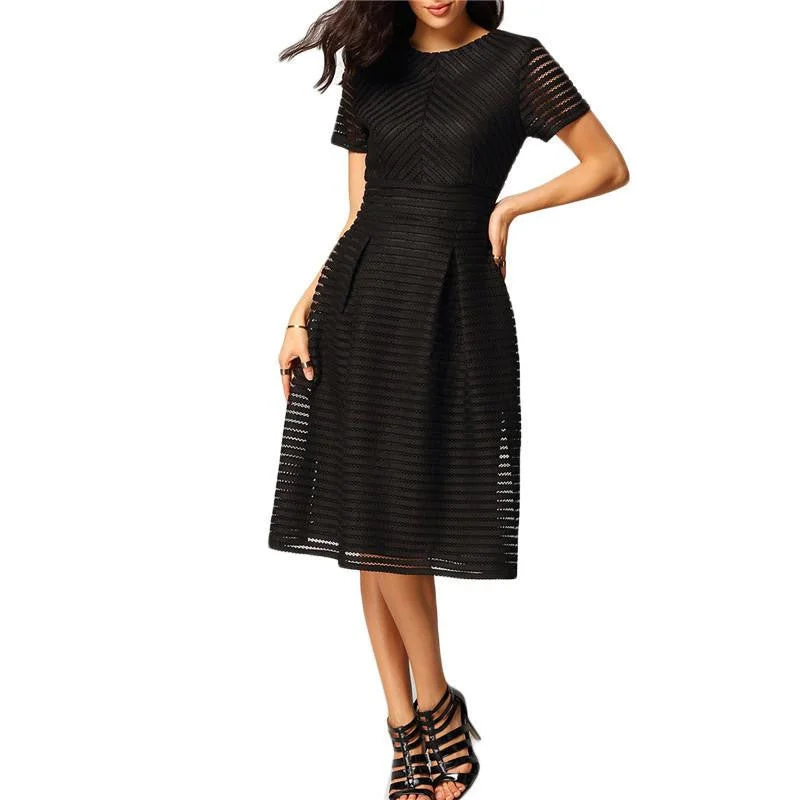 Women Elegant Dresses Latest Fashionable Round Neck Pleated Black Short Sleeve Hollow Out Flare Flippy Mid Dress