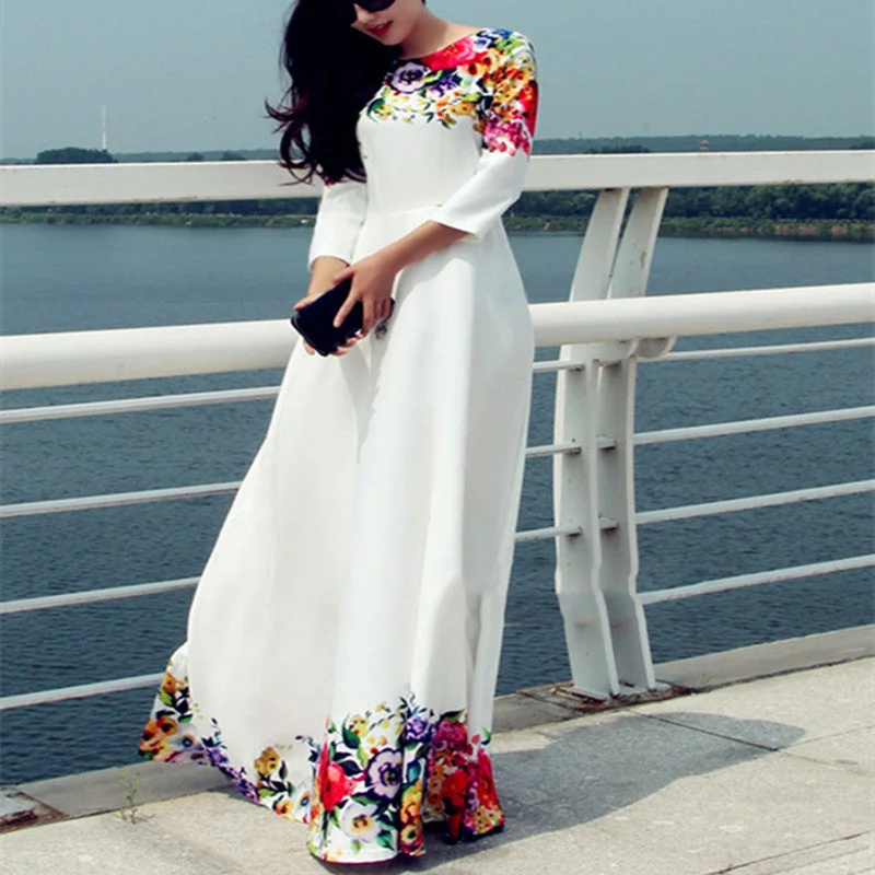 Women White Long Dress O-Neck Half Sleeve Floor-Length Fashion Prints Casual Summer Dresses Women White Long Dress O-Neck Half Sleeve Floor-Length Fashion Prints Casual Summer Dresses