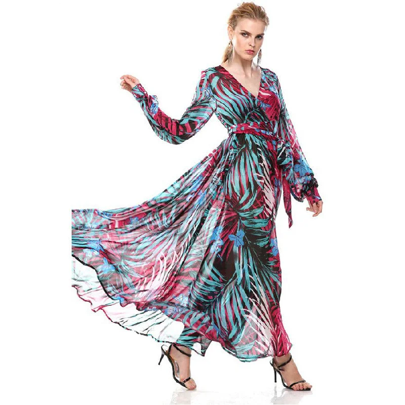 ACEVOG Brand Women Ladies Summer Autumn Loose Casual V-Neck Chiffon Long Maxi Beach Chiffon Dress Vestidos Longo
