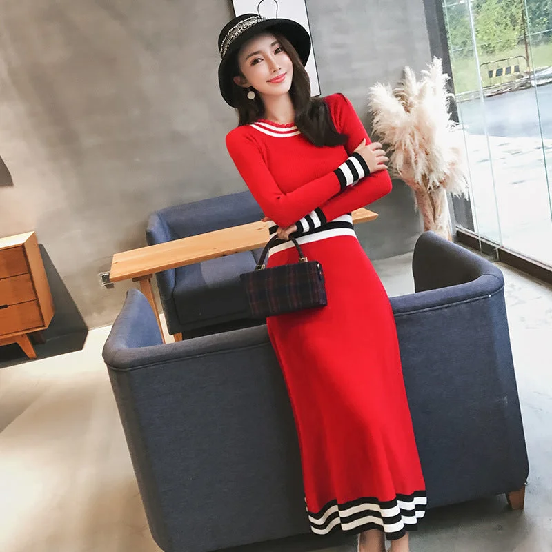 Big Red Long-sleeved Long Knit Dress Women +