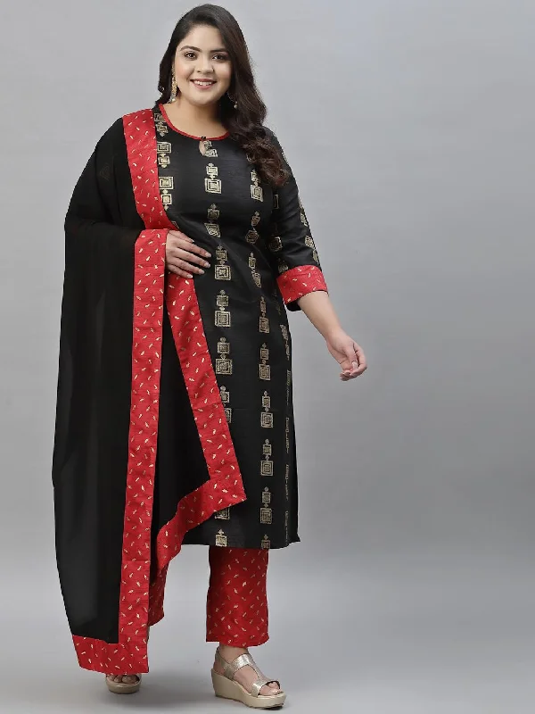 Sztori Plus Size Floral Printed Regular Kurta with Trousers & With Dupatta Trousers Striped Patterned