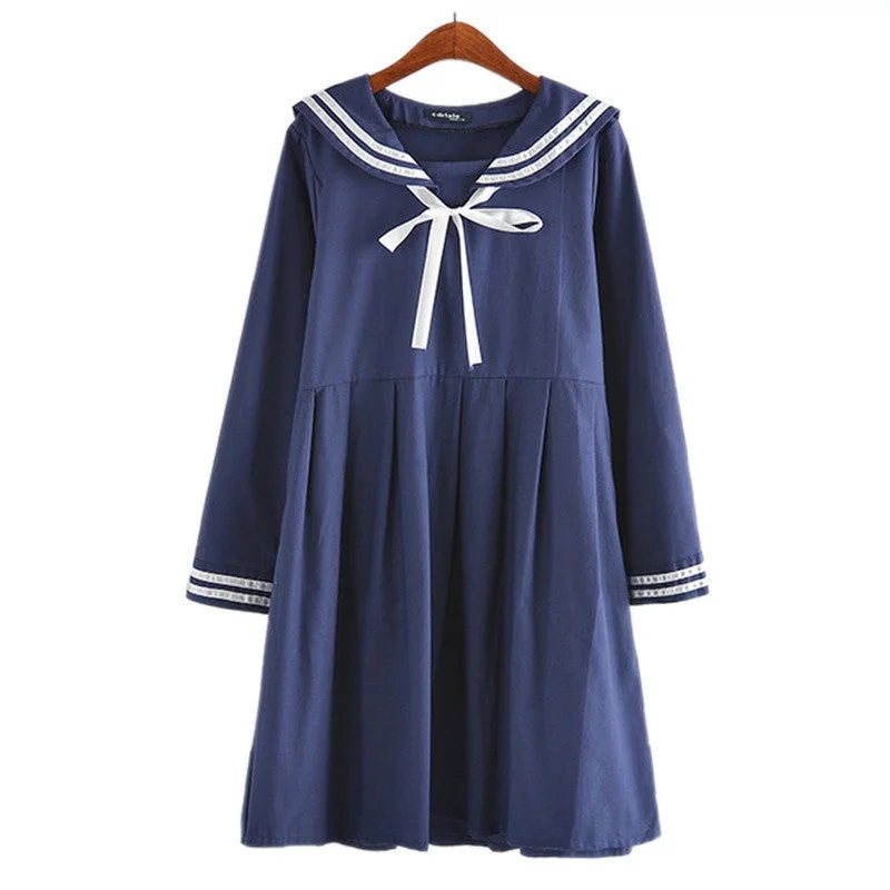 autumn summer women's dress female cotton-line Japanese Naval College style sweet striped pure girls dress 2 colors