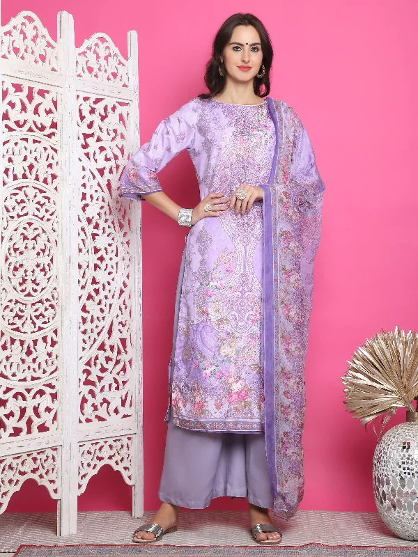 Jyoti Fashion Women's Lavender Satin Traditional Digital Print with Crystal work Kurta with Trouser & Dupatta Trousers Flared Retro Jyoti Fashion Women's Lavender Satin Traditional Digital Print with Crystal work Kurta with Trouser & Dupatta Trousers Flared Retro