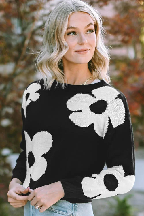 Hazel Blues® | Round Neck Floral Pattern Color Contrast Design Long Sleeve Sweater Wool Fabric Cashmere Fabric Tweed Fabric Hazel Blues® | Round Neck Floral Pattern Color Contrast Design Long Sleeve Sweater Wool Fabric Cashmere Fabric Tweed Fabric
