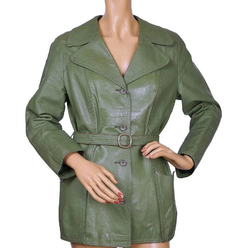 Vintage Ladies Green Leather Jacket Worhoff Germany 1960s Size M Snapped Jacket Toggled Jacket Drawstring Jacket