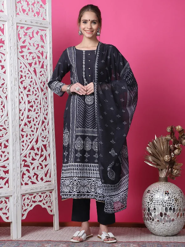Jyoti Fashion Women's Black Cotton Geometric Digital Print with Jari & Crystal Kurta with Trouser & Dupatta Trousers Yoga Stretchy Jyoti Fashion Women's Black Cotton Geometric Digital Print with Jari & Crystal Kurta with Trouser & Dupatta Trousers Yoga Stretchy