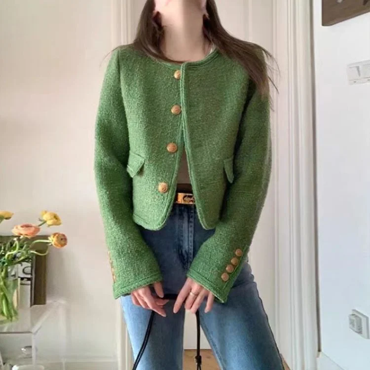 Women's Green Tweed Classic French-Style Tailored Jacket Zippered Front Buttoned Front Snap Front Women's Green Tweed Classic French-Style Tailored Jacket Zippered Front Buttoned Front Snap Front