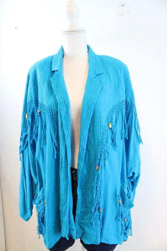 Vintage Blue Cardigan (M) Front Pockets Side Pockets Patch Pockets