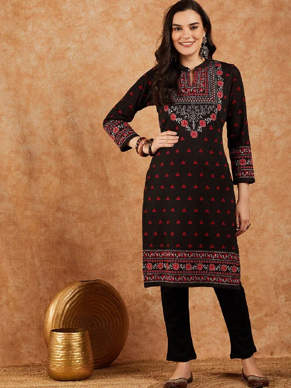 Sangria Floral Printed Mandarin Collar Winter Kurta & Trousers Trousers Velvet Soft