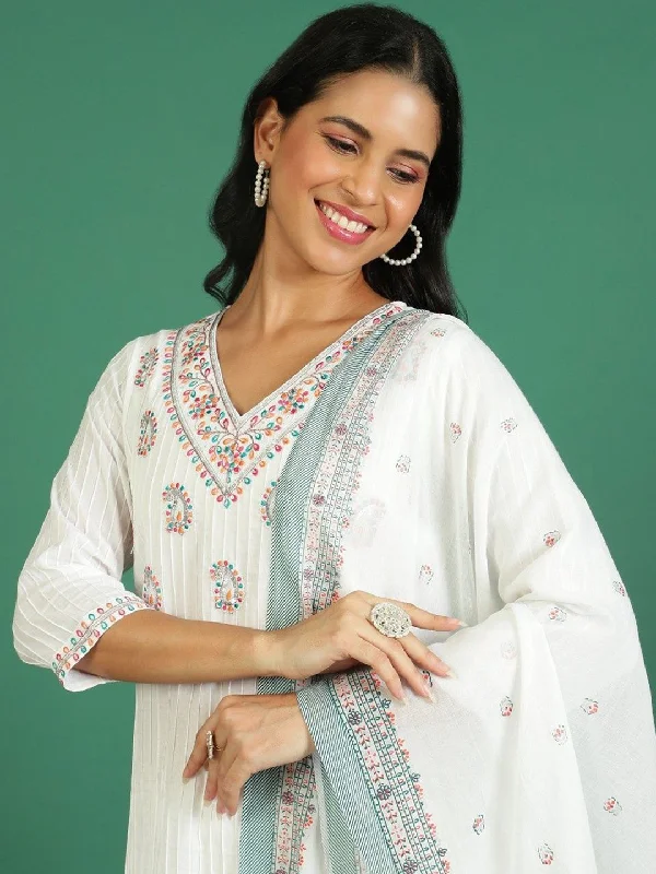 Sangria Printed Pure Cotton V- Neck Kurta & Trousers With Dupatta Trousers Denim Distressed