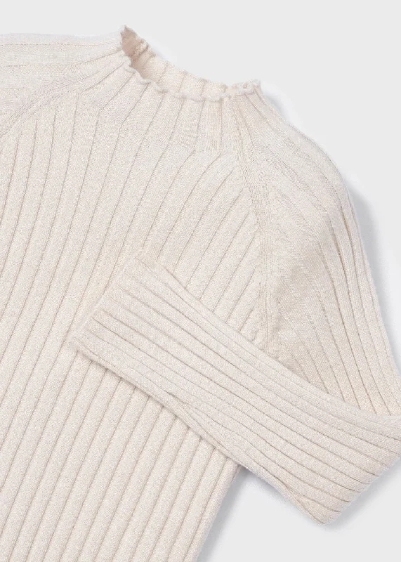 Mock Neck Ribbed Sweater Girl - Beige Stylish Fashionable Trendy