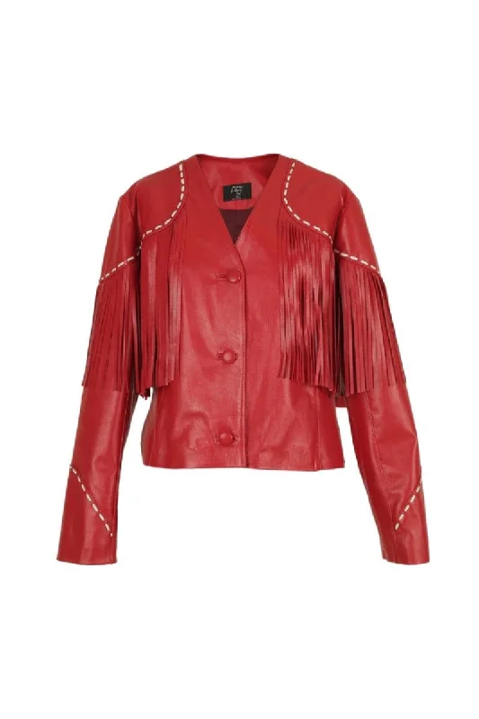 DALIDA RED FRINGED LEATHER JACKET Elasticated Jacket Padded Jacket Insulated Jacket