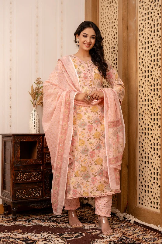 Women Pink Printed Straight Kurta And Trouser With Dupatta - Rasiya Trousers Low Rise Relaxed Women Pink Printed Straight Kurta And Trouser With Dupatta - Rasiya Trousers Low Rise Relaxed