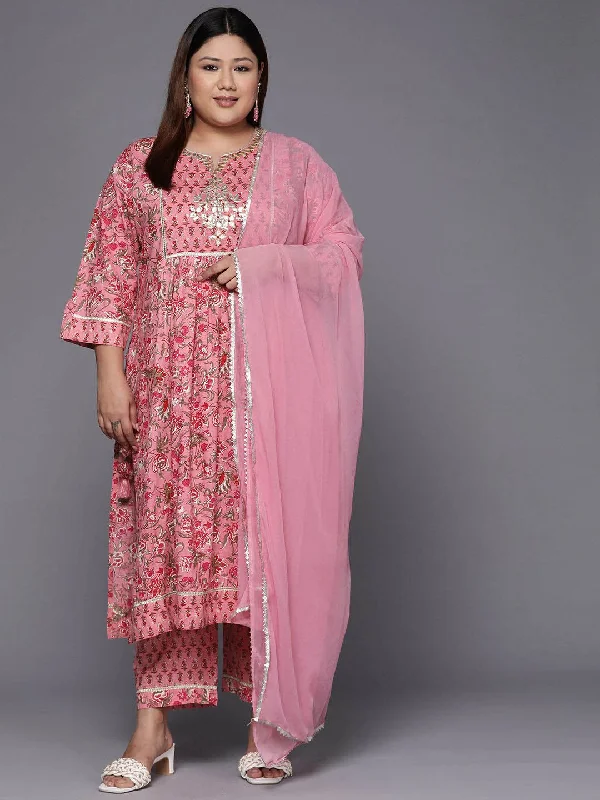 Sztori Plus Size Floral Printed Gotta Patti Cotton Straight Kurta & Trousers With Dupatta Trousers Trousers Formal