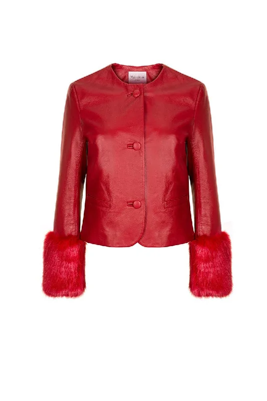 VITA CROPPED FAUX FUR JACKET IN RED Boat Neck Shawl Collar Notched Collar