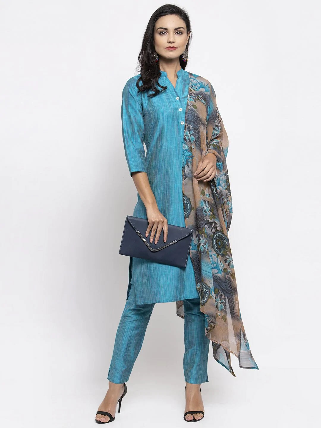 Women Blue & Green Self-Striped Kurta With Trousers & Printed Georgette Dupatta - Rasiya Trousers cozy soft Women Blue & Green Self-Striped Kurta With Trousers & Printed Georgette Dupatta - Rasiya Trousers cozy soft