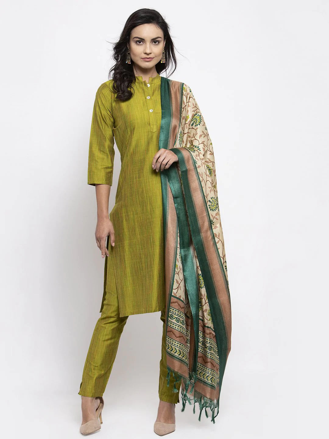 Women Green Self-Striped Kurta With Trousers & Art Silk Dupatta - Rasiya Trousers Top Rated Women Green Self-Striped Kurta With Trousers & Art Silk Dupatta - Rasiya Trousers Top Rated