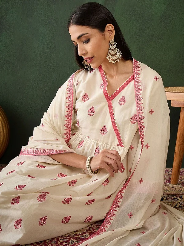 Sangria Off White Floral Embroidered Pure Cotton Mirror Work Kurta & Trouser With Dupatta Trousers Cargo pockets