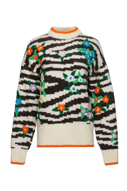 ZEBRA MULTICOLOR FLORAL DETAILING WOOL-BLEND SWEATER Handmade Hand-knitted Hand-woven ZEBRA MULTICOLOR FLORAL DETAILING WOOL-BLEND SWEATER Handmade Hand-knitted Hand-woven