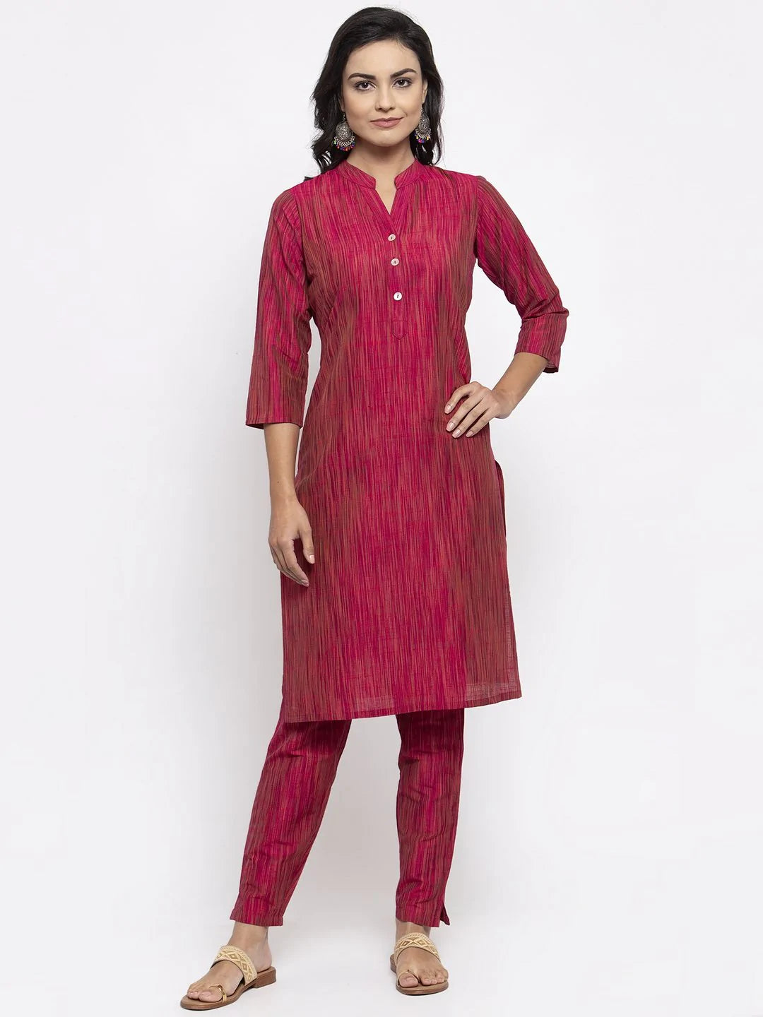 Women Pink Self-Striped Kurta With Trousers - Rasiya Trousers versatile all-occasion Women Pink Self-Striped Kurta With Trousers - Rasiya Trousers versatile all-occasion