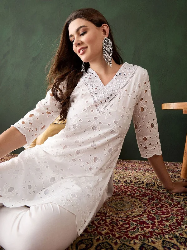 Sangria White Floral Embroidered V-Neck Mirror Work Pure Cotton Kurta with Trousers Trousers Custom Made