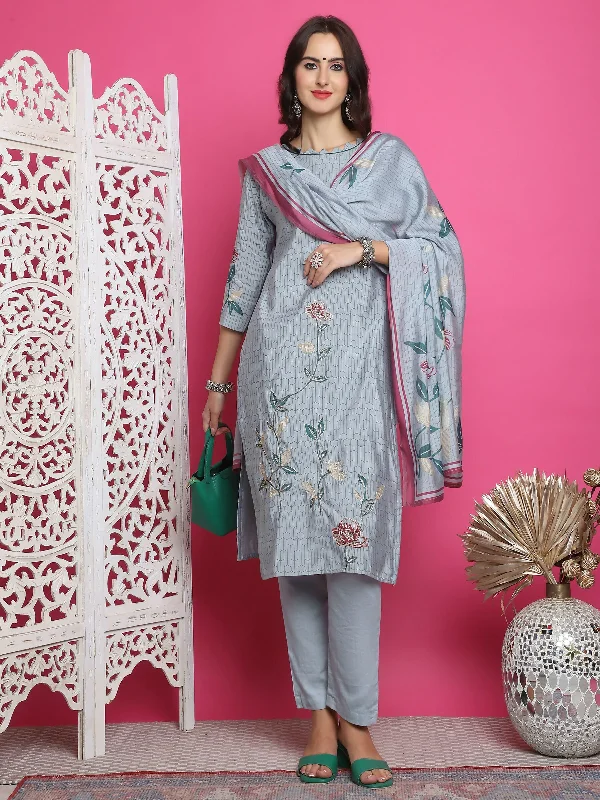 Jyoti Fashion Women's Grey Muslin Floral Print with Jari & Crystal work Kurta with Trouser & Dupatta Trousers Party Sparkling Jyoti Fashion Women's Grey Muslin Floral Print with Jari & Crystal work Kurta with Trouser & Dupatta Trousers Party Sparkling