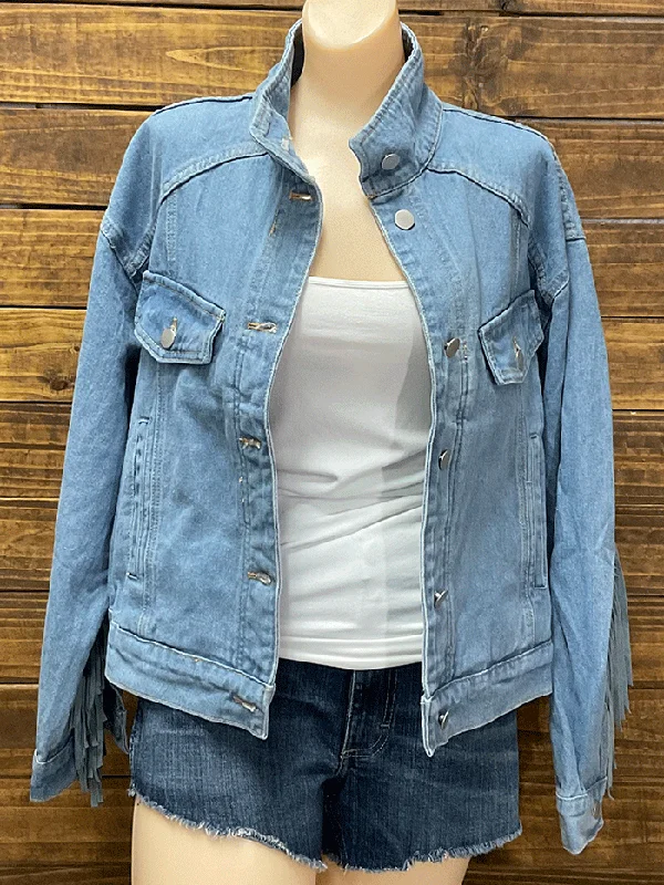 Fate FJ4302 Womens Fringe Denim Jacket Light Medium Wash Oversized Jacket Tailored Jacket Straight Jacket