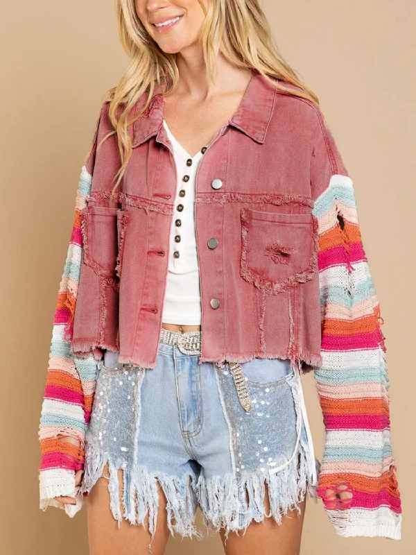 Hazel Blues® |  Distressed Striped Long Sleeve Denim Jacket Boat Neck Shawl Collar Notched Collar