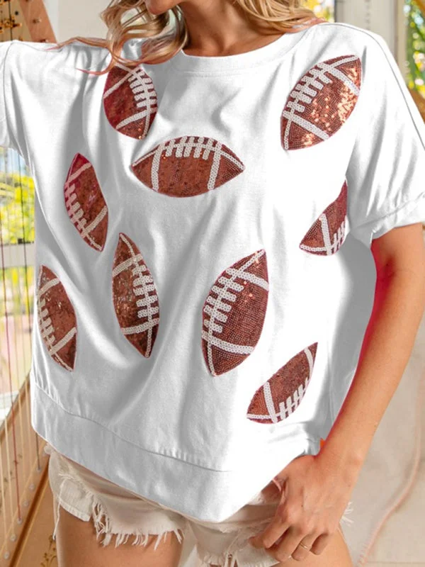Blue Zone Planet | Summer Sequined Rugby Round Neck Pullover T-Shirt Short Sleeve Top Mock Neck Pullover Blue Zone Planet | Summer Sequined Rugby Round Neck Pullover T-Shirt Short Sleeve Top Mock Neck Pullover