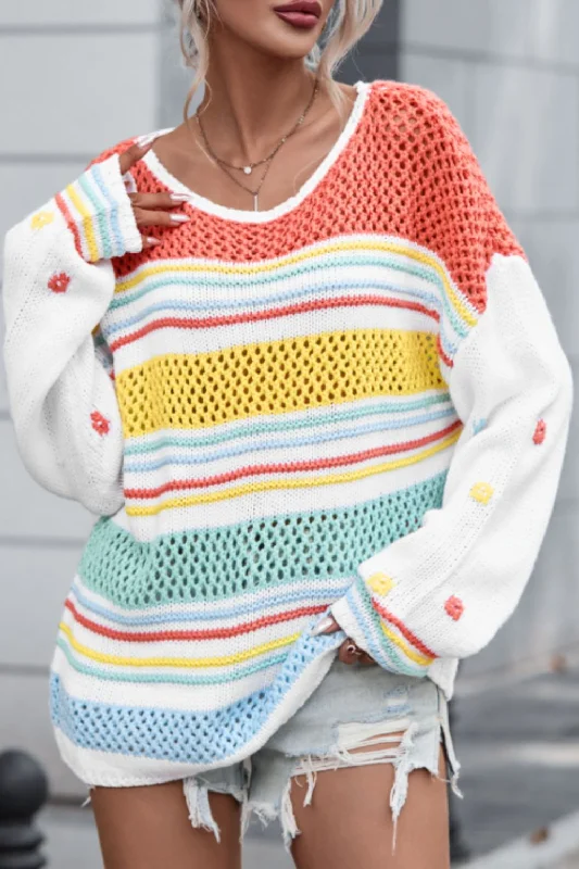 Hazel Blues® | Hollow Striped Color Block Round Neck Sweater Open Front Closed Front Wrap Front Hazel Blues® | Hollow Striped Color Block Round Neck Sweater Open Front Closed Front Wrap Front