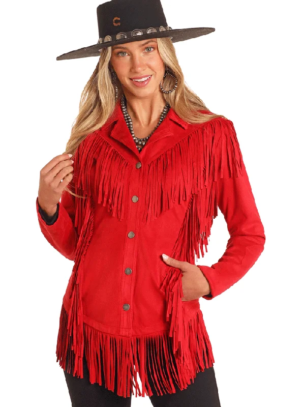 Panhandle DW93C04158 Womens Western Micro Suede Fringe Jacket Red Satin Jacket Silk Jacket Chiffon Jacket