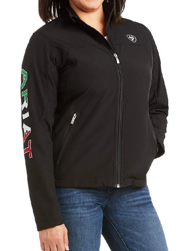 Ariat 10031428 Womens Classic Team Softshell MEXICO Jacket Black A-Line Jacket Boat Neck Shawl Collar