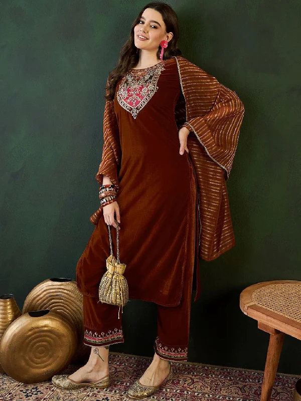 Sangria Embroidered Velvet Kurta & Trousers with Dupatta Trousers Designer Luxury