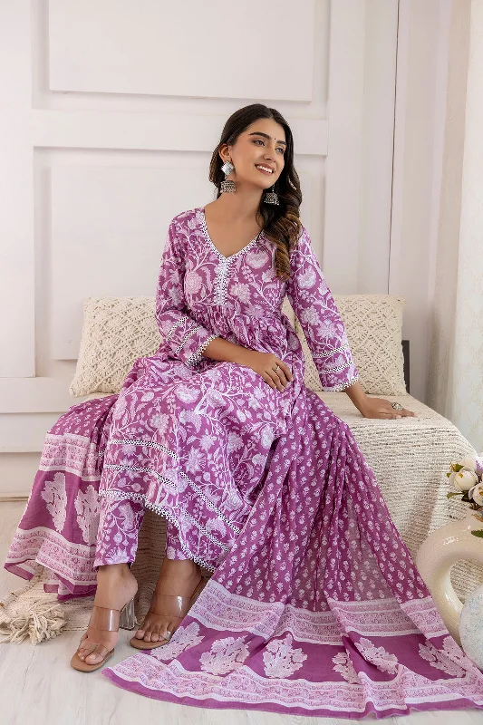 Women Mauve Floral Printed Anarkali Kurta And Trouser With Dupatta - Rasiya Trousers Denim Blue Women Mauve Floral Printed Anarkali Kurta And Trouser With Dupatta - Rasiya Trousers Denim Blue