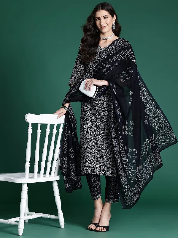 Indo Era Women Ethnic Motifs Printed Regular Pure Cotton Kurta with Trousers & With Dupatta Trousers Solid Black