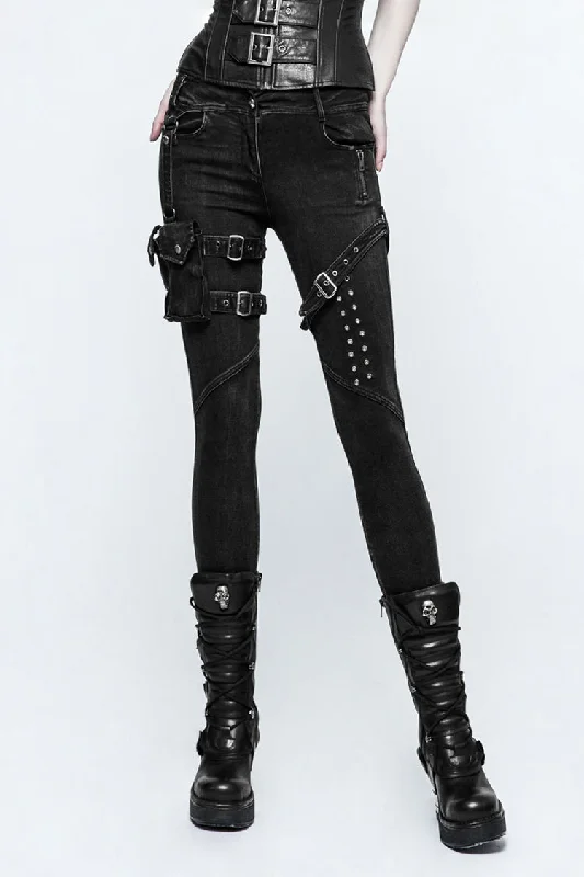 Black Removable Pocket Buttonhole Trim Skinny Stretch Denim Women's Punk Trouser Trousers Fall Fleece