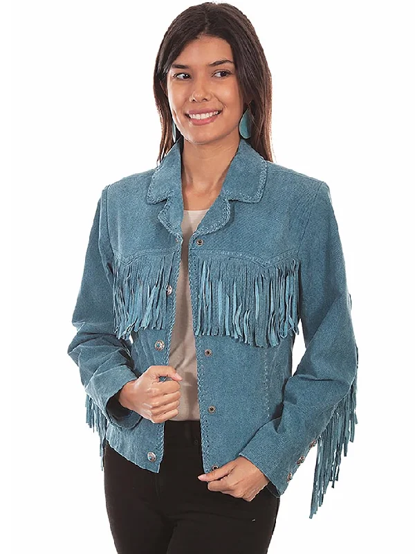 Scully L1016-193 Womens Soft Suede Fringe Western Jacket Denim - D Front Pockets Side Pockets Patch Pockets