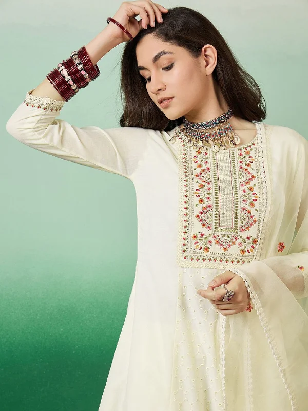 Sangria Off White Floral Embroidered Straight Kurta With Trousers With Dupatta Trousers Plaid Checkered