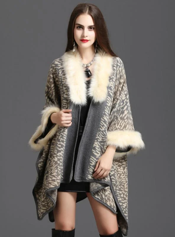 FOX LIKE FUR COLLAR PRINTED KNITTED CARDIGAN SHAWL CAPE Front Pockets Side Pockets Patch Pockets