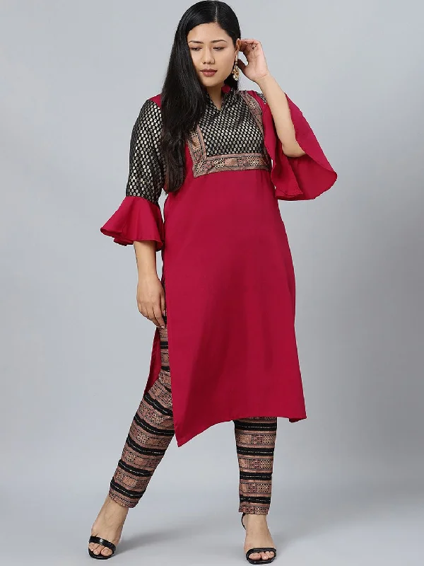 Sztori Plus Size Abstract Printed Straight Kurta with Trousers Trousers Lace Delicate