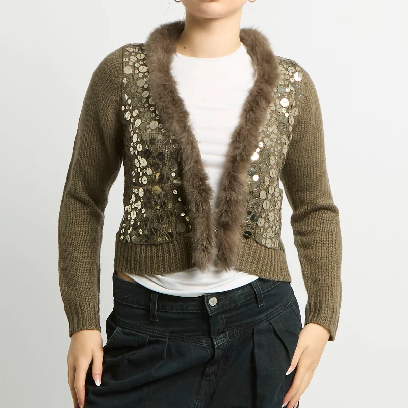Sequin Detail Fur Trim Knit Cardigan - UK 10 Notch Collar Peter Pan Collar Cowl Neck Sequin Detail Fur Trim Knit Cardigan - UK 10 Notch Collar Peter Pan Collar Cowl Neck