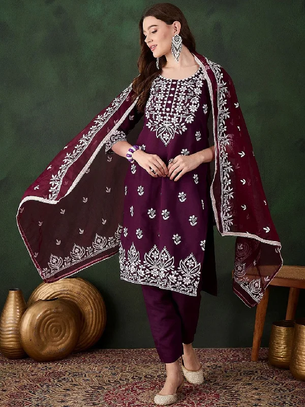 Sangria Purple Floral Embroidered Thread Work Pure Cotton Kurta & Trouser With Dupatta Trousers Harem Relaxed Fit