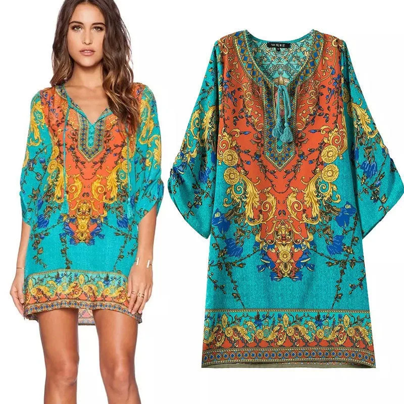 Floral Print Chiffon Spain Dress Of Color Three Quarter Women Summer Beach Dresses Printed Womens Tunic Top Tunique Femme