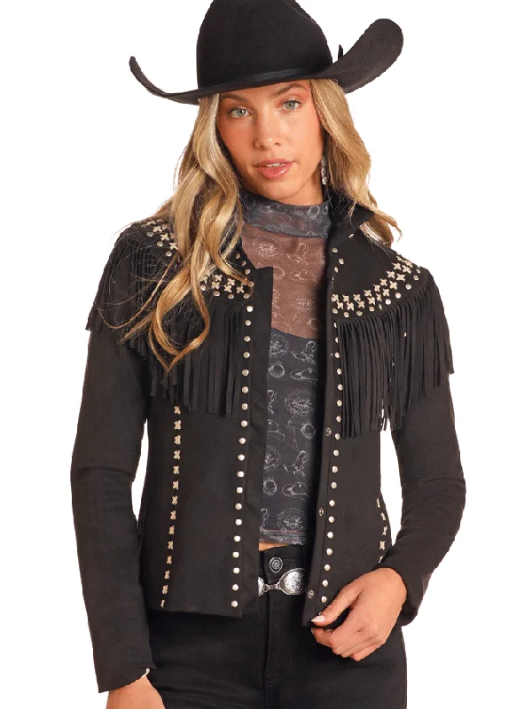 Panhandle DW92C04156 Womens Micro Suede Fringe Jacket Black Corduroy Jacket Velvet Jacket Brocade Jacket