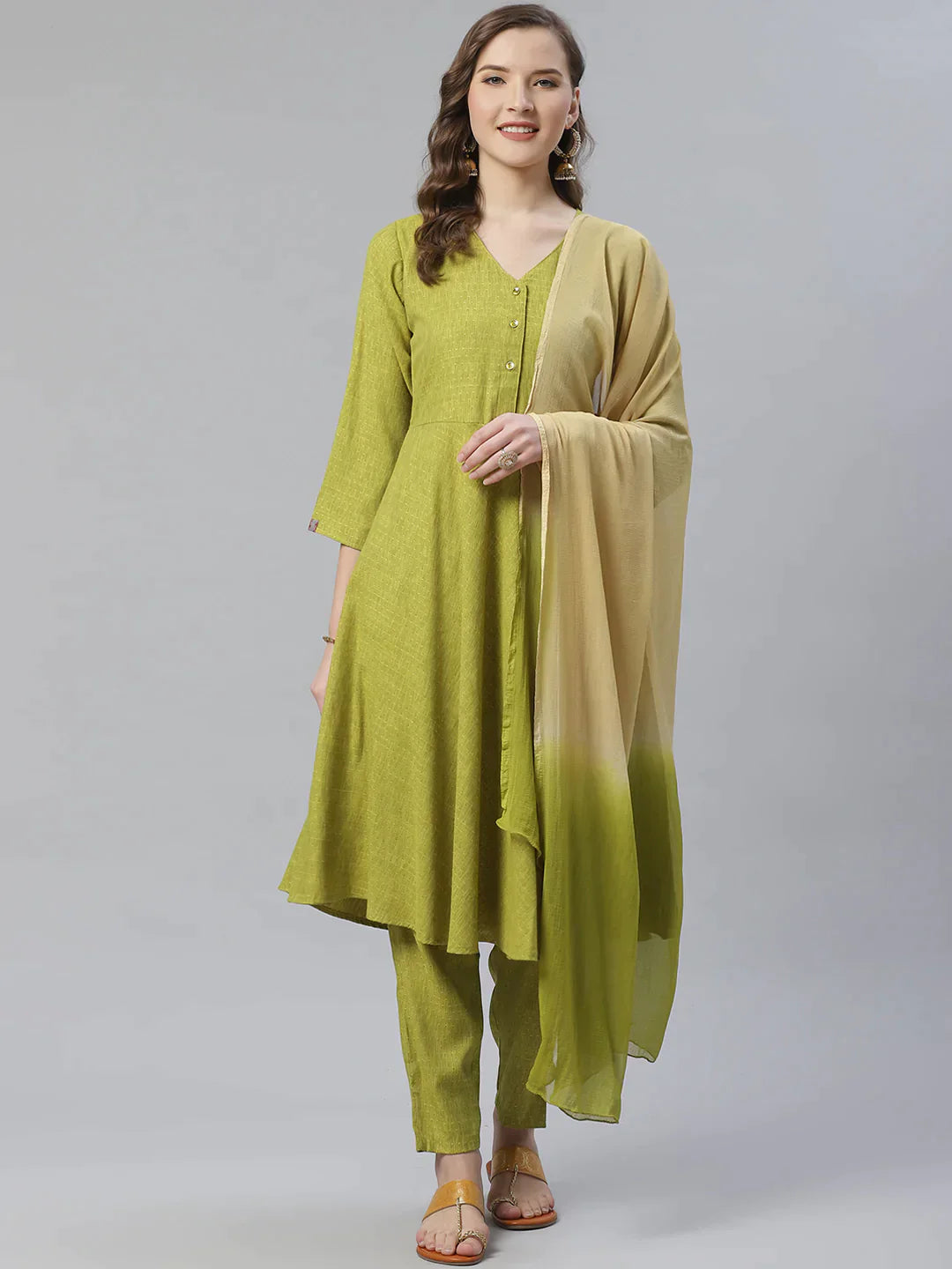 Women Green & Beige Self Design Kurta With Trousers & Dupatta - Rasiya Trousers Evening Elegant Women Green & Beige Self Design Kurta With Trousers & Dupatta - Rasiya Trousers Evening Elegant