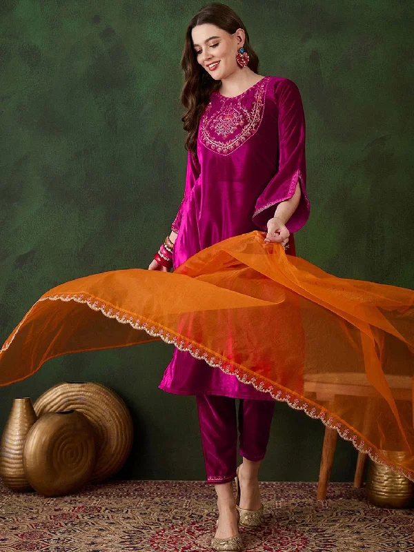 Sangria Embroidered Velvet Kurta & Trousers with Dupatta Trousers Custom Made