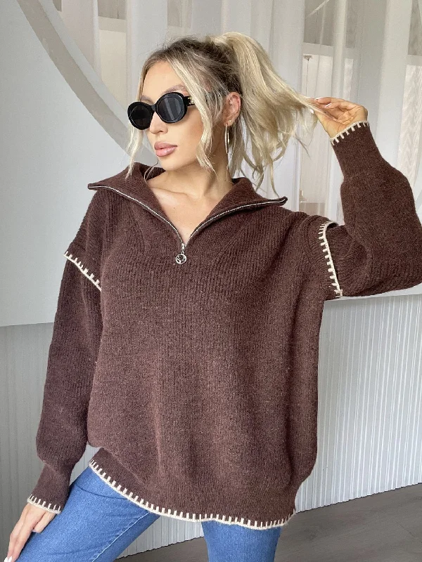 Hazel Blues® | Quarter Zip Contrast Dropped Shoulder Sweater High Neck Crew Neck V-Neck Hazel Blues® | Quarter Zip Contrast Dropped Shoulder Sweater High Neck Crew Neck V-Neck