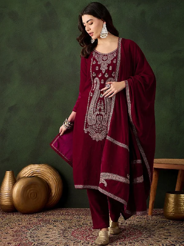 Sangria Floral Embroidered Straight Kurta & Trousers With Dupatta Trousers practical durable