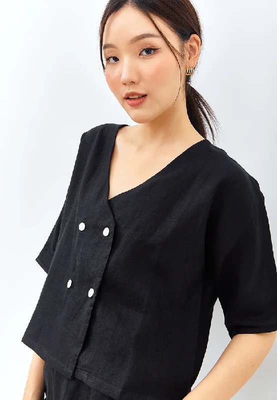 V-neck Button Linen Jacket in Black Front Pockets Side Pockets Patch Pockets