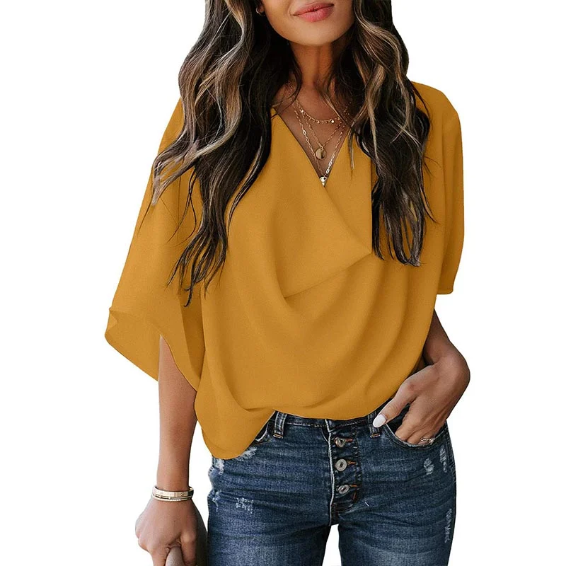 Jocoo Jolee Women Chiffon V-Neck Solid Pleated Flare Sleeve Loose Summer Casual Basic Pullover Elegant Blouse Office Lady Shirt Short Sleeve Top Jocoo Jolee Women Chiffon V-Neck Solid Pleated Flare Sleeve Loose Summer Casual Basic Pullover Elegant Blouse Office Lady Shirt Short Sleeve Top